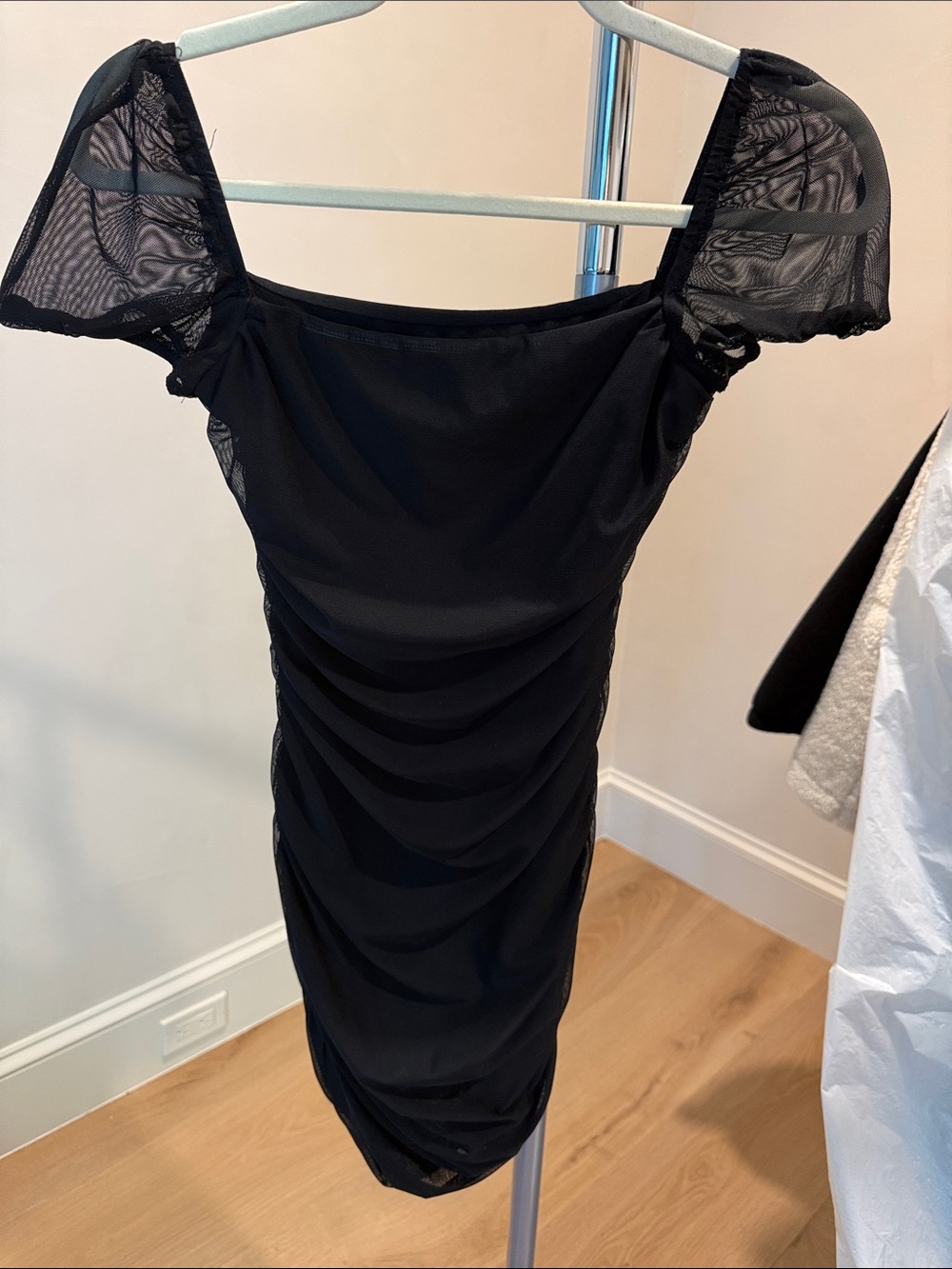 Princess Polly Black Ruched Off-Shoulder Mesh Sleeve Dress US4